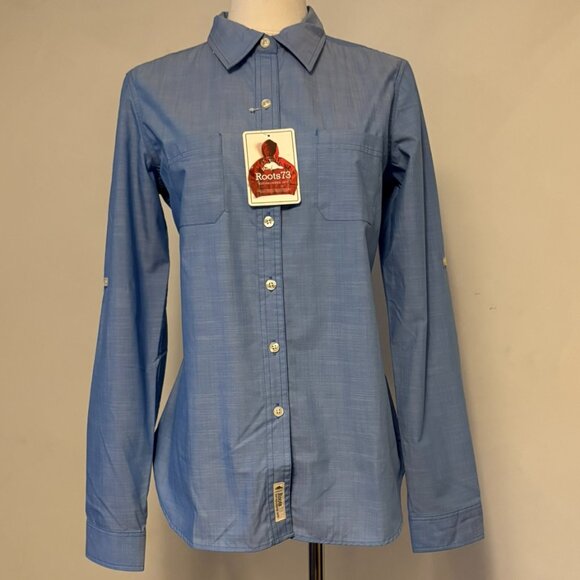 Women Roots 73 Blue Small Petite Western Style Button Up Shirt Roll Tab Sleeve - Picture 1 of 12